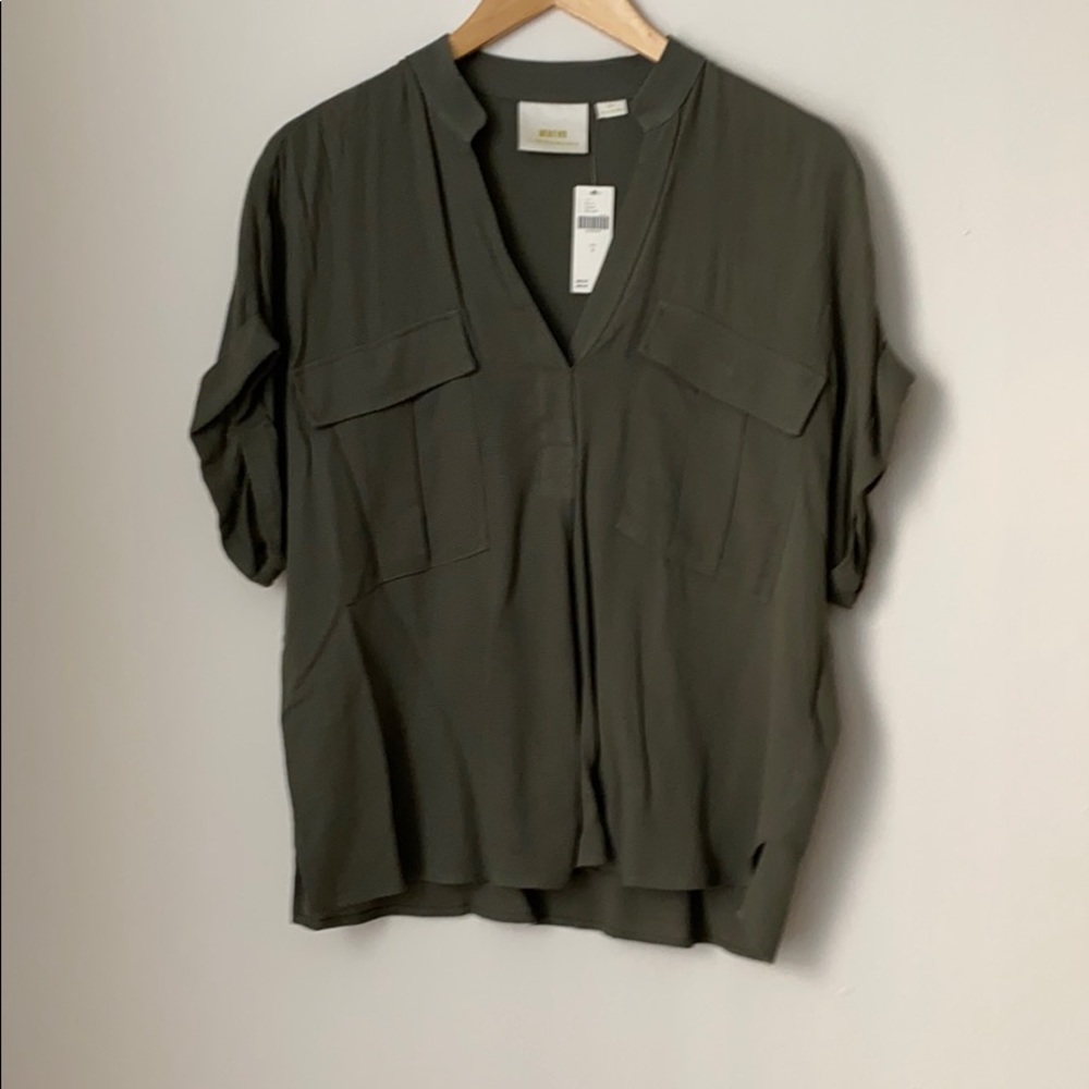 NWT Anthropologie Olive Green V-Neck Top Small